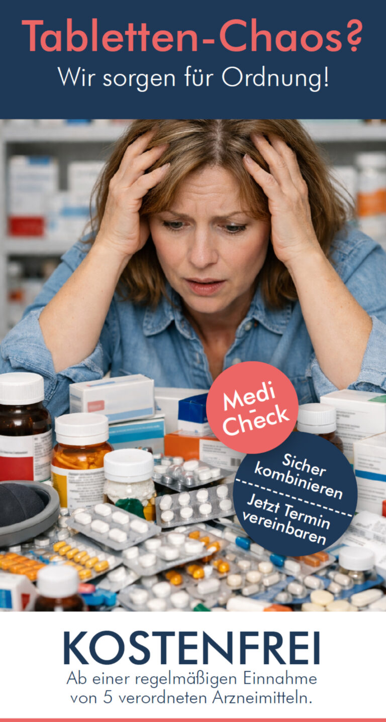 Auf einem Tisch liegen sehr viele Medikamente. Eine Frau sitzt am Tisch und guckt überfordert auf die Medikamente. Symbolbild zum Thema: Medikationsanalyse in der Apotheke