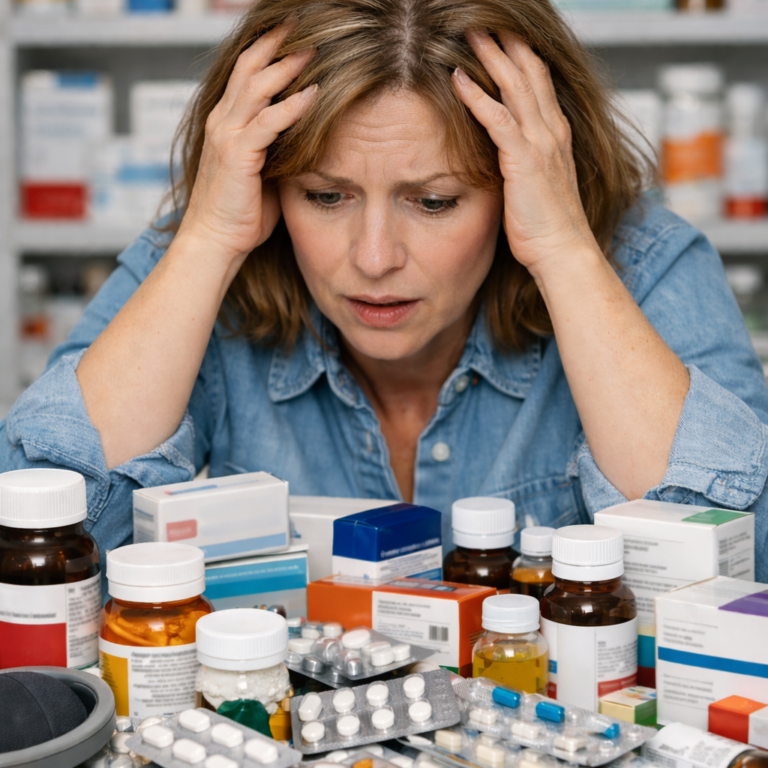 Auf einem Tisch liegen sehr viele Medikamente. Eine Frau sitzt am Tisch und guckt überfordert auf die Medikamente. Symbolbild zum Thema: Medikationsanalyse in der Apotheke