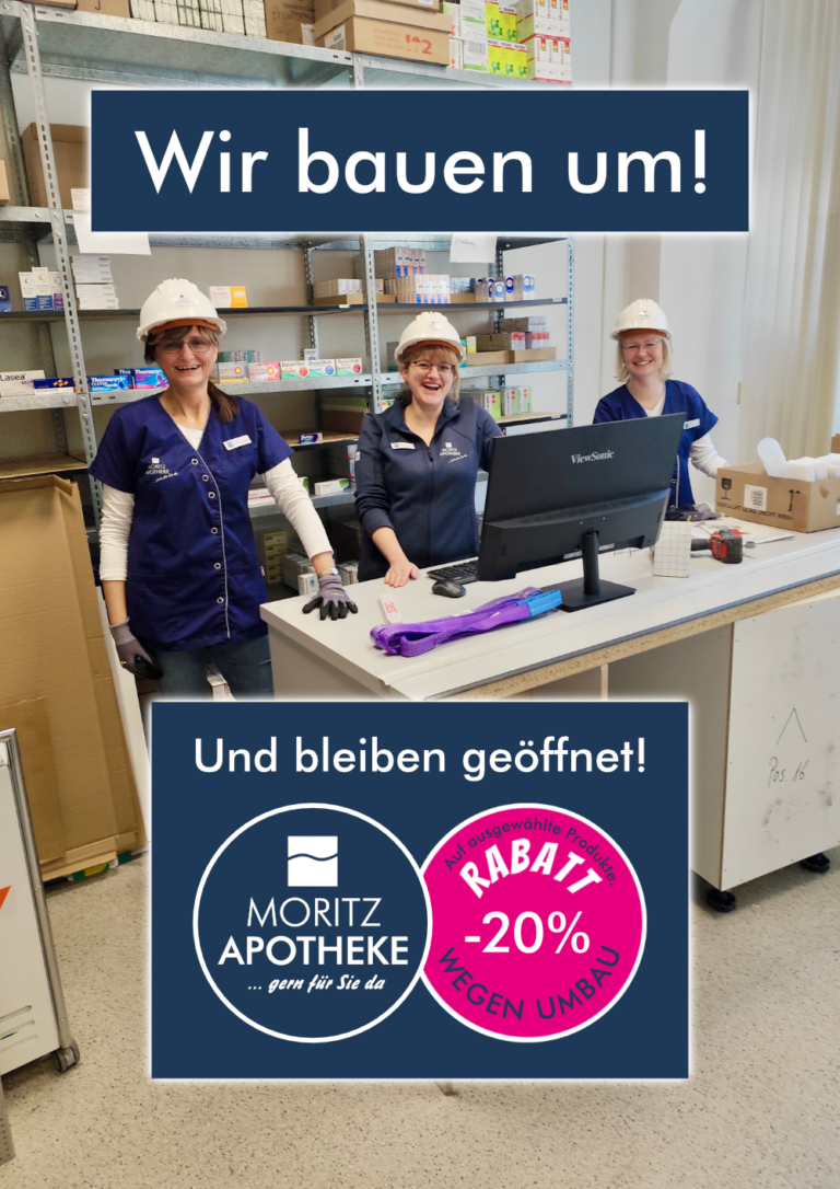 Mitarbeiter der Moritz Apotheke mit Bauhelmen: Info über 20 % Rabatt wegen Umbau in der Moritz Apotheke Limbach