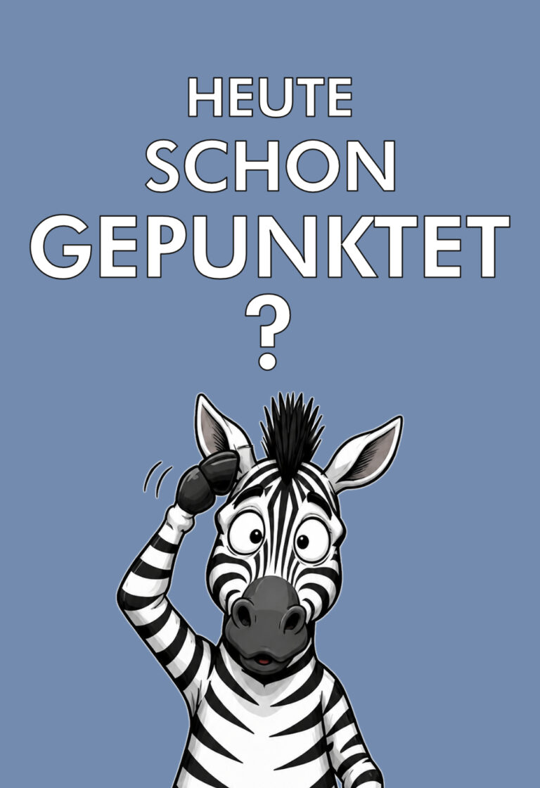 Zebra mit Fragezeichen und dem Text „Heute schon gepunktet?“ als Hinweis auf das Bonuspunkte-Programm der Moritz-Apotheke Limbach-Oberfrohna