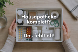 Aufgeräumte Hausapotheke mit Medikamenten und Verbandmaterial – Übersicht für den Alltag