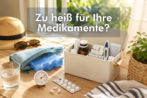 Geöffnete Hausapotheke mit Medikamenten, Kühltasche und Thermometer als Symbol für die richtige Lagerung von Medikamenten im Sommer.